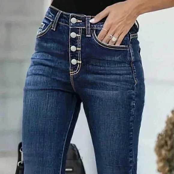 Dark Wash Casual Women's Elastic Slant Pocket Skinny Jeans - Picture 4 of 6